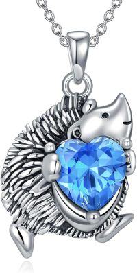 wholesale 925 Sterling Silver Hedgehog Heart Pendant Necklace with Blue Crystal and Chain-Hedgehog