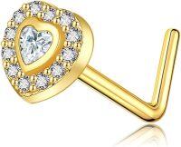 wholesale Gold 14K Gold CZ Heart L-Shaped Nose Ring Studs for Women Men Body Piercing -Heart Nose Ring