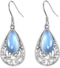 wholesale 925 Sterling Silver Teardrop Blue Moonstone Filigree Leverback Dangle Earrings for Women-Boho Moonstone Earrings-11