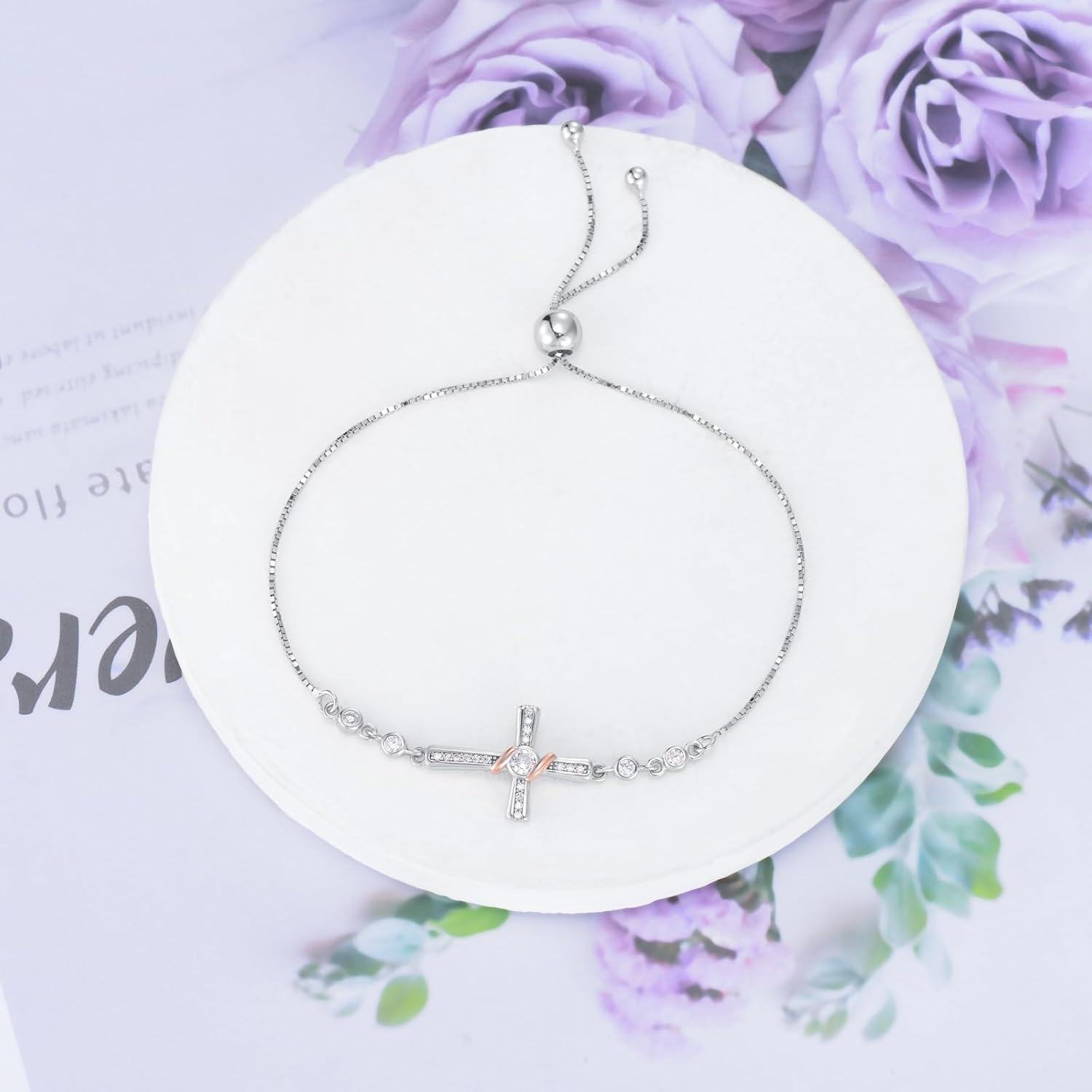 wholesale 925 Sterling Silver Cross CZ Adjustable Bangle Bracelet Gift for Women-0-3