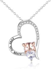 wholesale 925 Sterling Silver CZ Pig in Heart Pendant Necklaces for Women Birthdays Gift-Silver-Love You More Pig Necklace