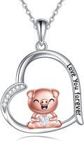 wholesale 925 Sterling Silver Pig Love You Forever Charm Necklace with Cubic Zirconia and Moon Design-0-0