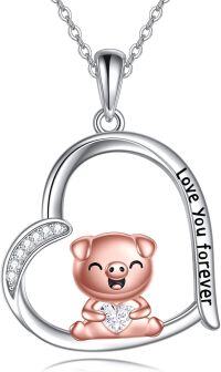 wholesale 925 Sterling Silver Pig Love You Forever Charm Necklace with Cubic Zirconia and Moon Design-pig necklace
