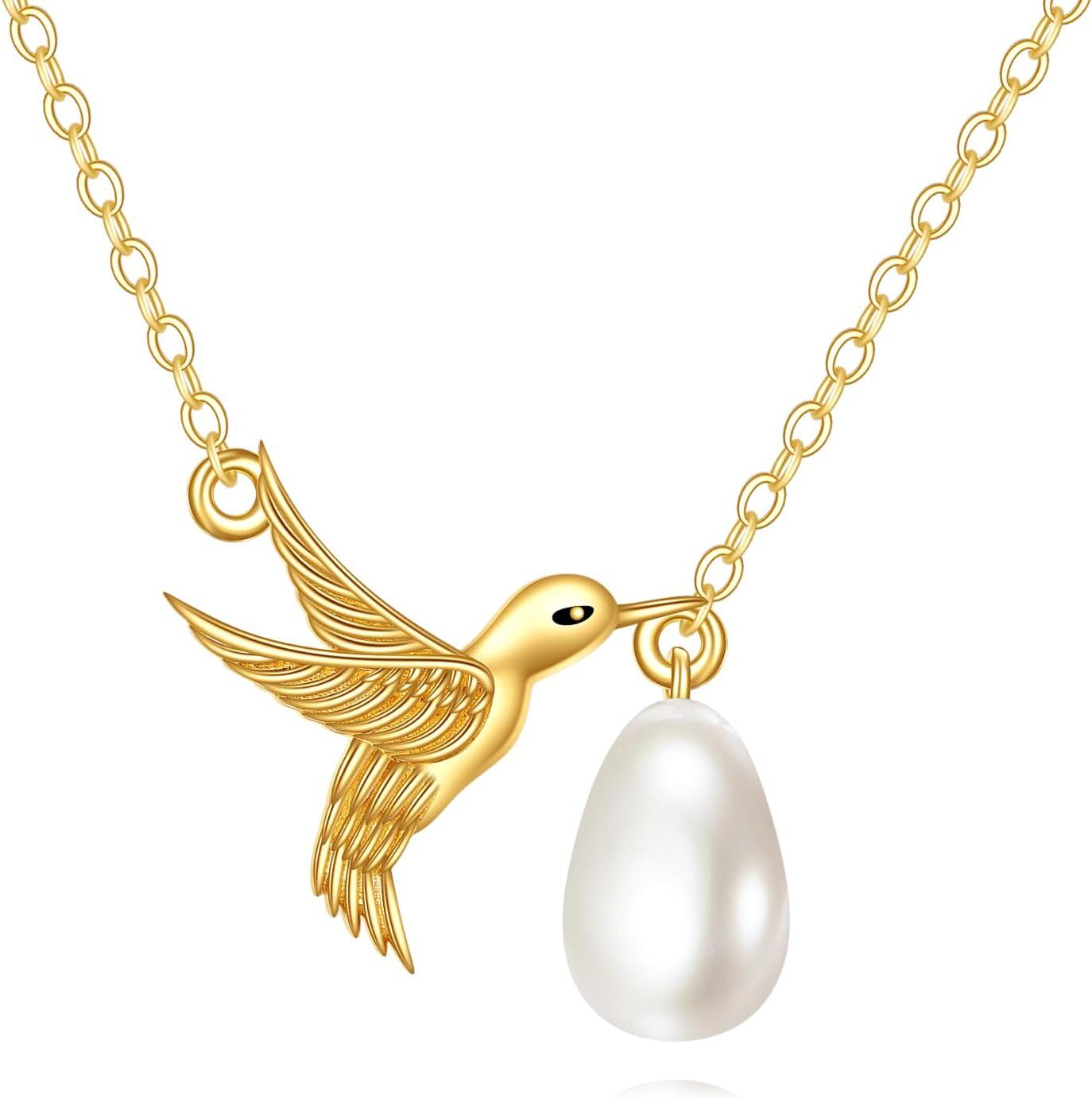 wholesale 14K Gold Pearl Hummingbird Pendant Necklace for Women-0-0