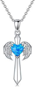 wholesale 925 Sterling Silver & Opal Angel Wing Heart Pendant Necklace, 18+2 Chain-0-0
