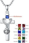 wholesale 925 Sterling Silver Basketball Cross Pendant Necklace  w/Blue Stone & I Can Do All Things Charm-0-1