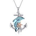 wholesale 925 Sterling Silver Dolphin Anchor Necklace With Blue Crystal And Rose Gold Starfish Detail-0-0