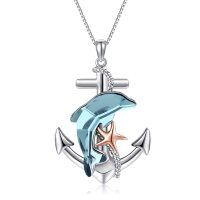 wholesale 925 Sterling Silver Dolphin Anchor Necklace With Blue Crystal And Rose Gold Starfish Detail-Dolphin