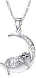wholesale 925 Sterling Silver Lab-Grown Cubic Zirconia Sloth on Crescent Moon Charm Necklace-0-0