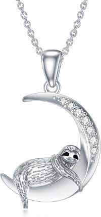 wholesale 925 Sterling Silver Lab-Grown Cubic Zirconia Sloth on Crescent Moon Charm Necklace-Sloth