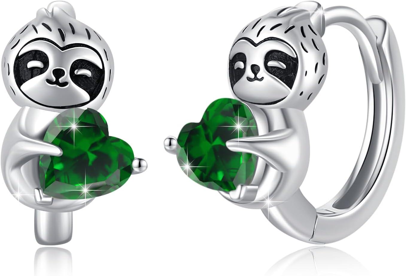 Sterling Silver Hypoallergenic Sloth Hoop Earrings for Women Girls Teens-Dark Green