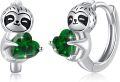 wholesale 925 Sterling Silver Green Crystal Sloth Huggie Hoop Earrings for Women and Teenagers-0-0