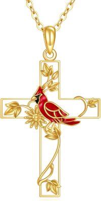 wholesale 14K Gold Red Cardinal Cross Pendant Necklace, 16 Chain, Faith Love Loyalty Gift, 29.3x16.7mm-Red Cardinal Cross