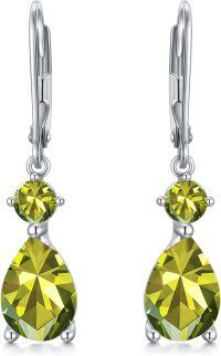 wholesale 925 Sterling Silver Clear Birthstone Dangle Leverback Earrings for Women-8-August-Peridot
