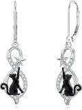 wholesale 925 Sterling Silver Black Cat Star Infinity Hook Earrings 3D Animal Jewelry for Women Girls Gift Boxed-0-0