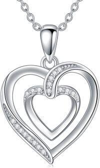 wholesale 925 Sterling Silver & White Gold Plated Natural Diamond Double Heart Pendant Necklace for Women - F-G-I1/I2 Clarity-heat b