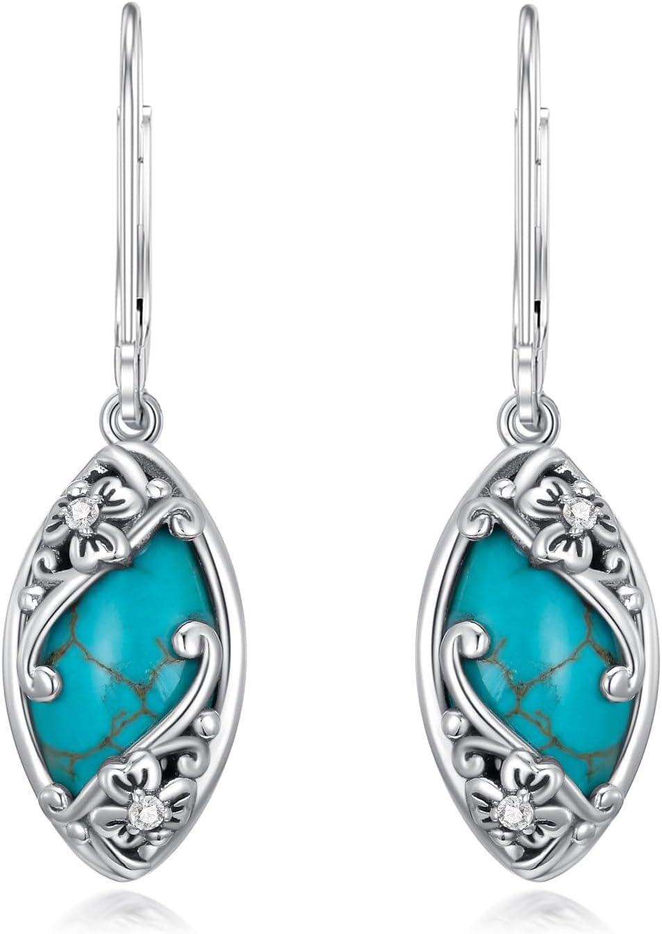 Sterling Silver Green Turquoise Marquise Leaf Leverback Dangle Earrings-Marquise-3