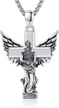 wholesale 925 Sterling Silver Saint Gabriel Angel Cross Pendant Necklace with Winged Statue Charm for Men-Silver