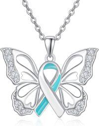 wholesale Sterling Silver Butterfly Pendant Necklace PTSD Awareness Inspirational Jewelry Gift for Women-Teal&White-Cervical Cancer