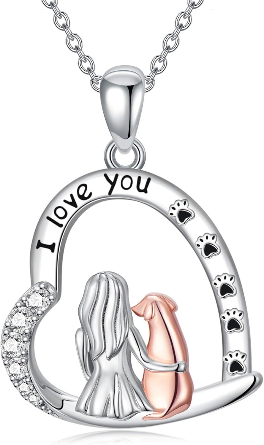Sterling Silver Dog Necklace with Paw Print I Love You Heart Engraved Gift for Women Pet Lovers-0-1