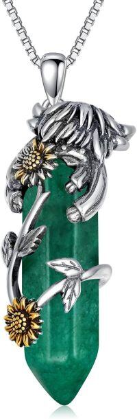 wholesale 925 Sterling Silver Green Jade Highland Cow Pendant Necklace Gift for Women-Green Quartz