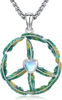 wholesale 925 Sterling Silver Heart-Shaped Moonstone Peace Sign Pendant Necklace for Women-02 Gradient Green & Moonstone