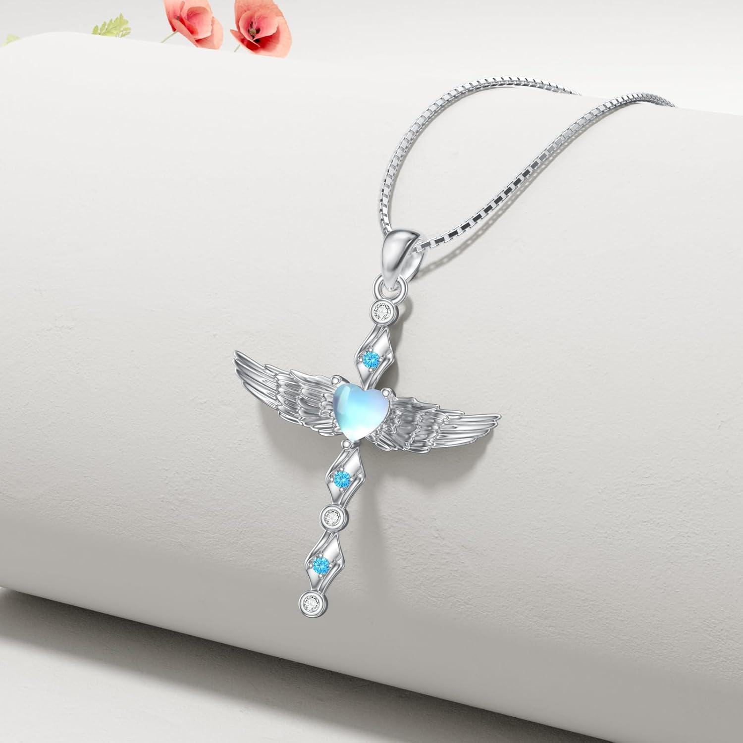 Sterling Silver Angel Wings Cross Necklace with Moonstone Turquoise for Women-0-5