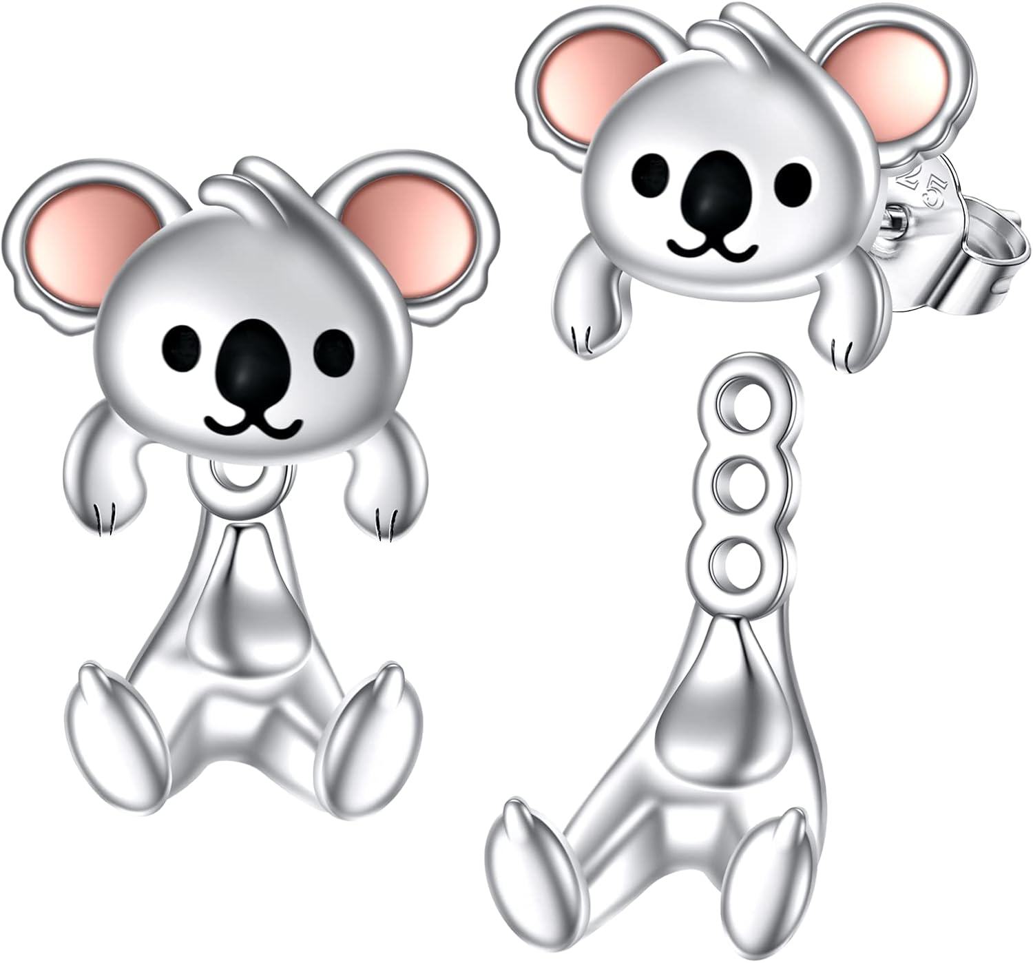 Sterling Silver Hypoallergenic Black Cat Dog Hippo Stud Earrings for Women-Koala Stud Earrings