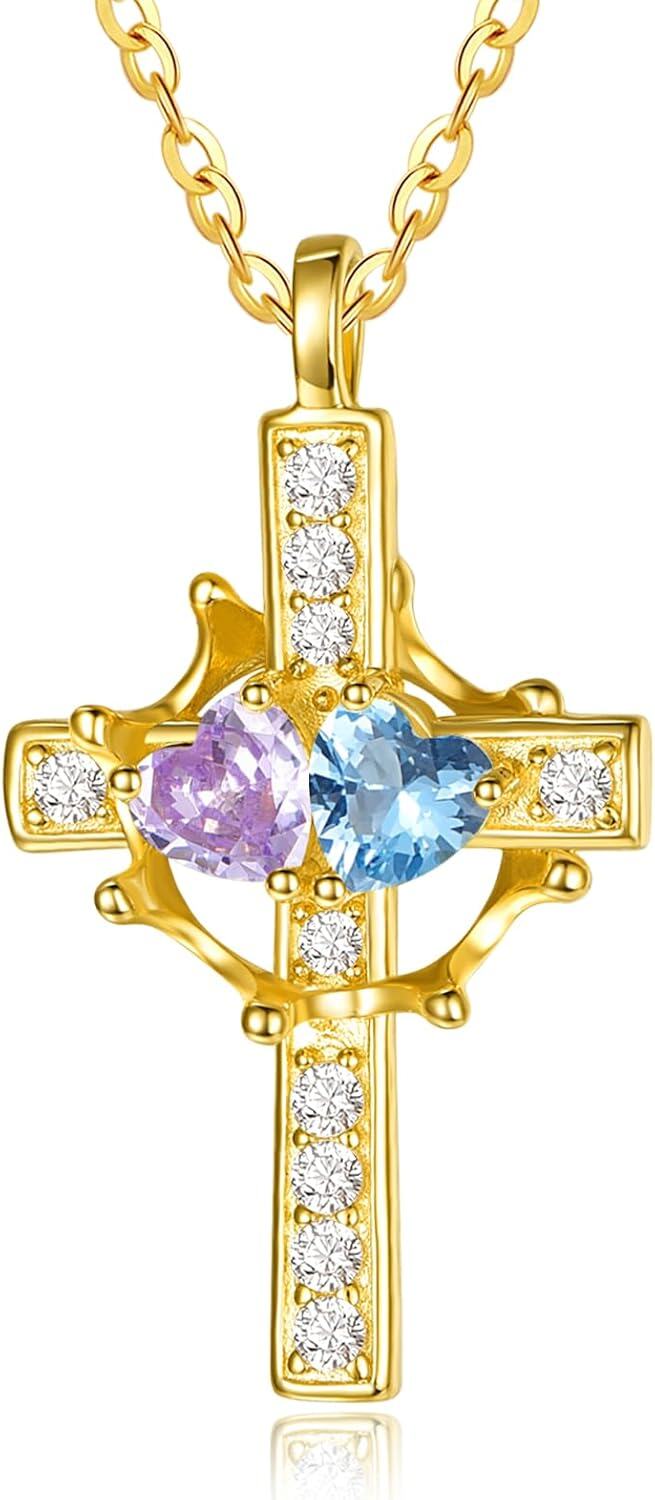 Sterling Silver Birthstones Gold Cross Necklace for Women -06-12-Jun-Dec-06-12-Jun-Dec