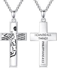 wholesale 925 Sterling Silver  Volleyball Bible Verse Cross Pendant Necklace for Women Sports Fans-14-Volleyball Cross