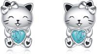 wholesale 925 Sterling Silver Turquoise Heart Cat Bowknot Stud Earrings Gift for Women-Cat-Turquoise