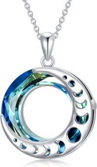 wholesale 925 Sterling Silver Blue Crystal Round Triple Goddess Glowing Moon Phase Pendant Necklace for Women-Blue Crystal