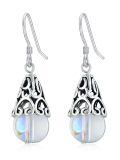 wholesale 925 Sterling Silver Rainbow Moonstone Drop Earrings Oxidized Vintage Filigree Hollow Dangle-0-0