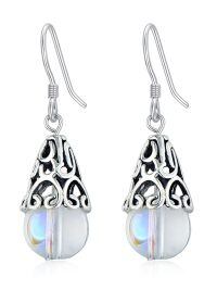 wholesale 925 Sterling Silver Rainbow Moonstone Drop Earrings Oxidized Vintage Filigree Hollow Dangle-15-Boho Moonstone Earrings