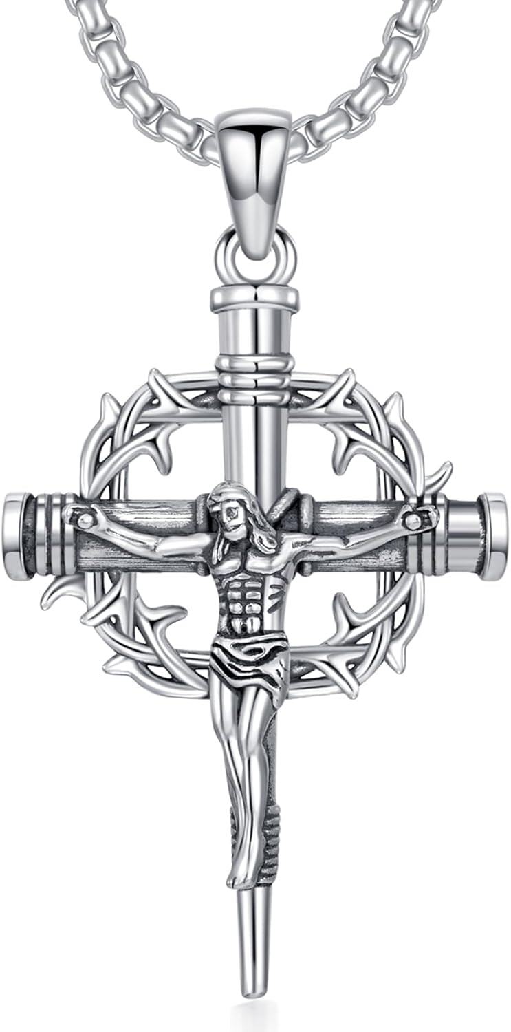 wholesale 925 Sterling Silver Crucifix Pendant Necklace with Stainless Steel Chain with Crown of Thorns - Religious Jewelry for Men & Women-0-0
