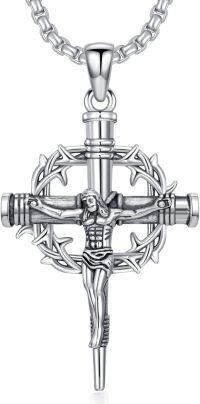 wholesale 925 Sterling Silver Crucifix Pendant Necklace  with Crown of Thorns - Religious Jewelry for Men & Women-Nail Cross