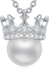 wholesale 925 Sterling Silver White Freshwater Pearl Crown Pendant Necklace with Cubic Zirconia Accents-2-Crown