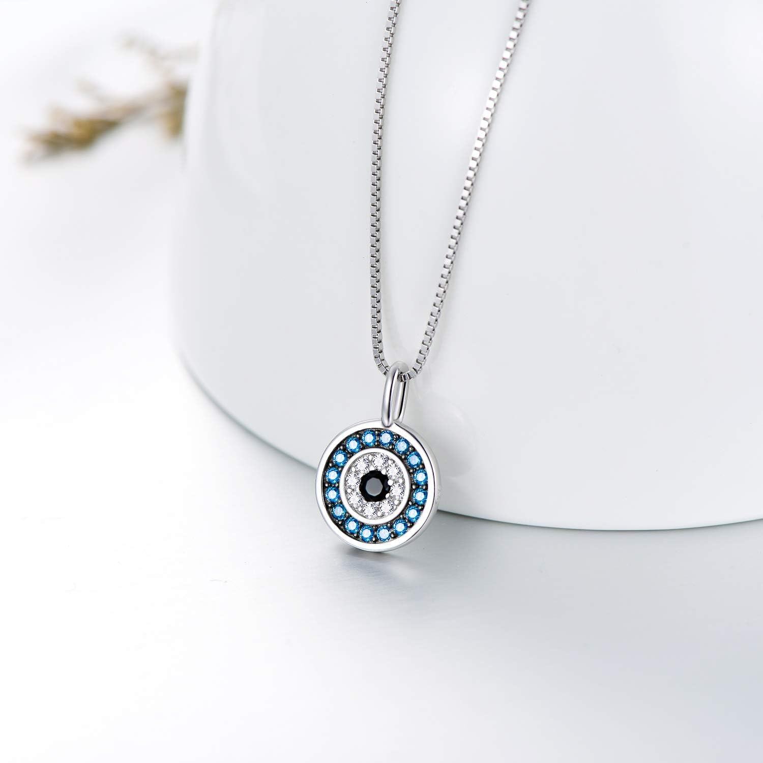 925 Sterling Silver Round Blue Crystal Evil Eye Pendant Necklace for Women Greek Protection s-0-2