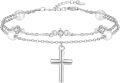 wholesale 925 Sterling Silver Metal Freshwater Pearl Faith Cross Charm Bracelet for Women - Elegant Double Chain Religious-0-0
