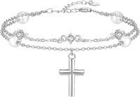 wholesale 925 Sterling Silver Metal Freshwater Pearl Faith Cross Charm Bracelet for Women - Elegant Double Chain Religious-cross-White Gold