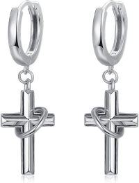 wholesale 925 Sterling Silver & Black Gold Plated Cross Huggie Hoop Earrings for Men and Women-Cross Hoop Huggie Unisex Earrings-Silver