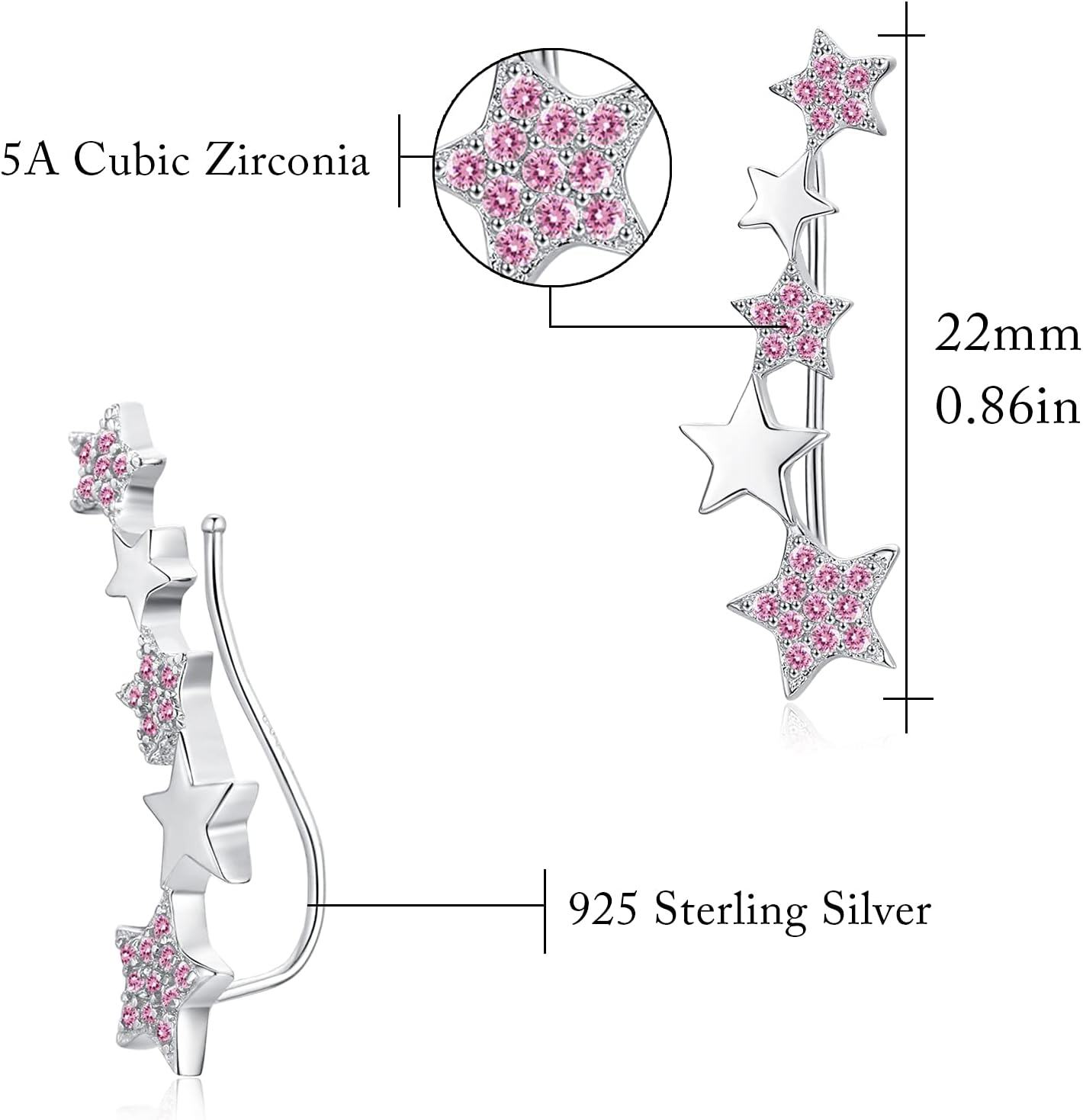925 Sterling Silver Pink CZ Star Climber Ear Cuffs-0-1