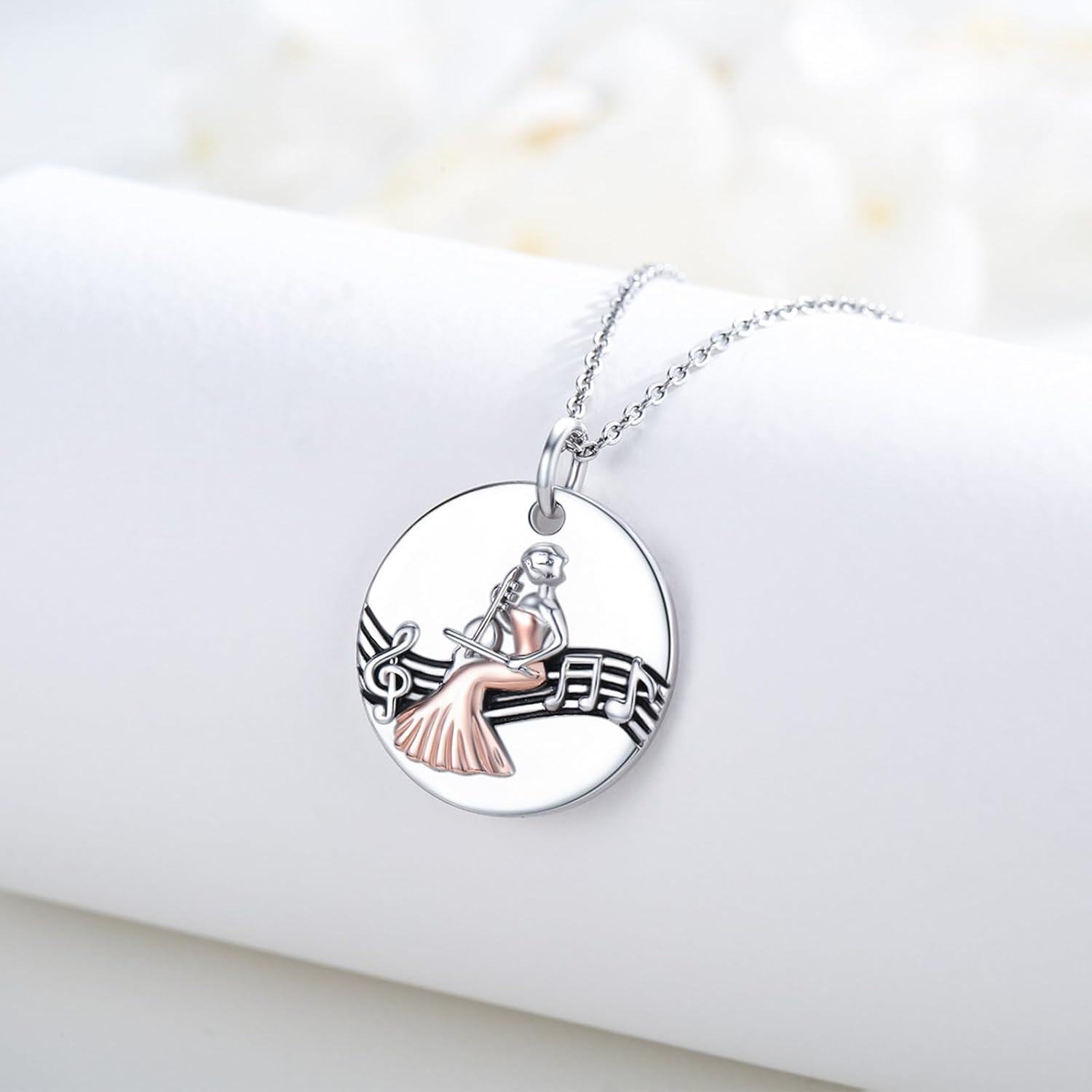 925 Sterling Silver Musician Pendant Necklace with Rose Gold Accents and Musical Notes - Friendship Graduation Gift for Her Daughter or Sister-0-2