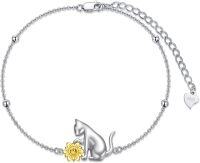 wholesale 925 Sterling Silver Sunflower Cat Charm Bracelet - 7-9 inches adjustable link chain bracelet for women girls gift jewelry accessories-A-Cat with Sunflower