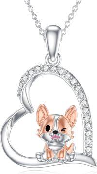 wholesale 925 Sterling Silver Corgi in Heart Pendant Necklace for Women - Cute Animal -Corgi