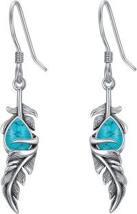 wholesale 925 Sterling Silver Turquoise Feather Drop Boho Earrings for Women-B01