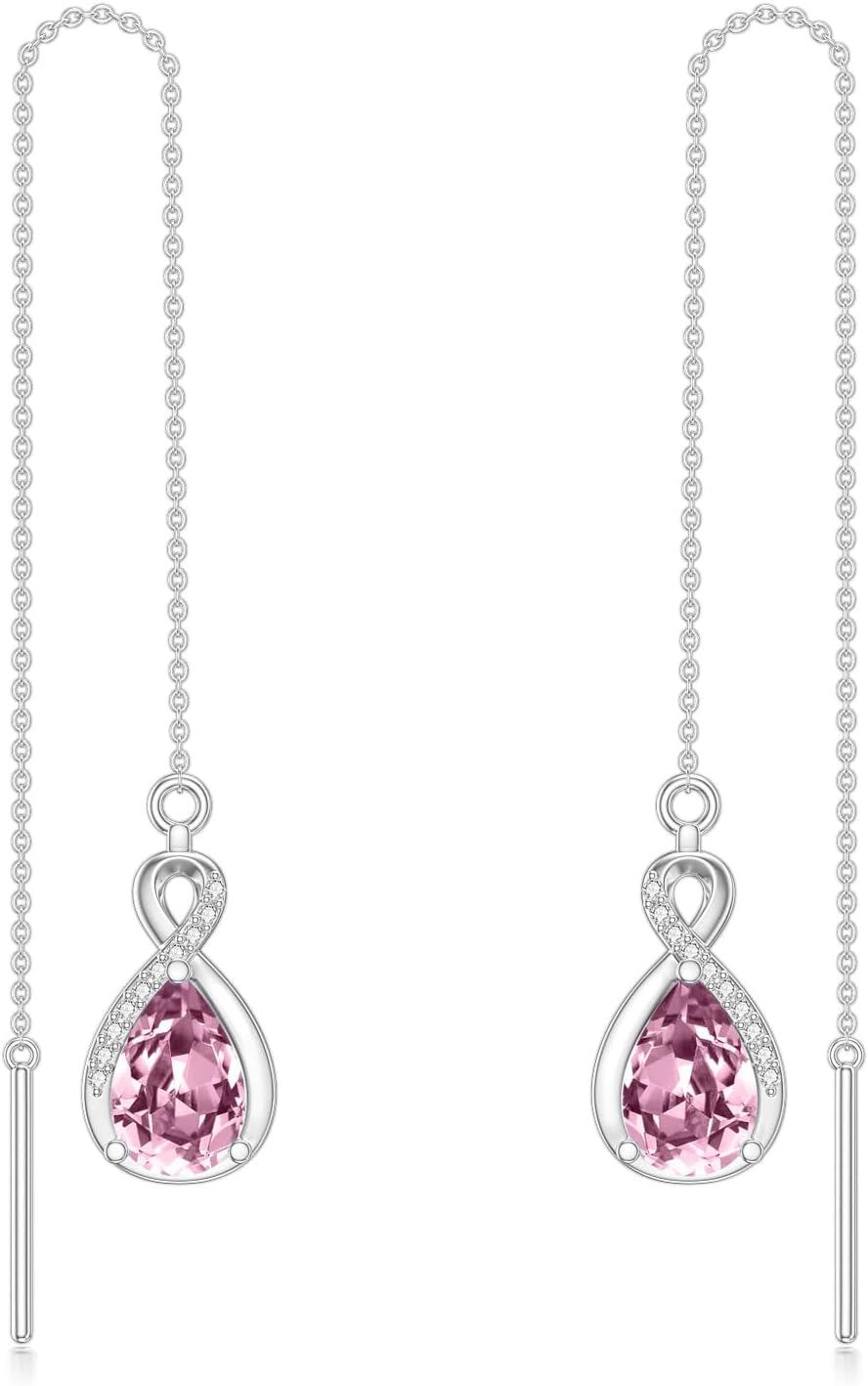 Sterling Silver 12 Birthstone Infinity Threader Drop Earrings for Women-10-Oct-Pink