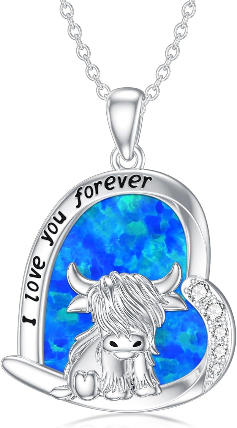 Sterling Silver Highland Cow Birthstone Necklace Jewelry Gifts for Women Girls-8-4-Blue Opal-8-4-Blue Opal