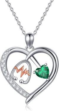 wholesale Sterling Silver Gemstone Heart Stethoscope Pendant Necklace for Women-A5:May-Emerald
