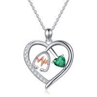 wholesale 925 Sterling Silver Gemstone Heart Stethoscope Pendant Necklace for Women-A5:May-Emerald